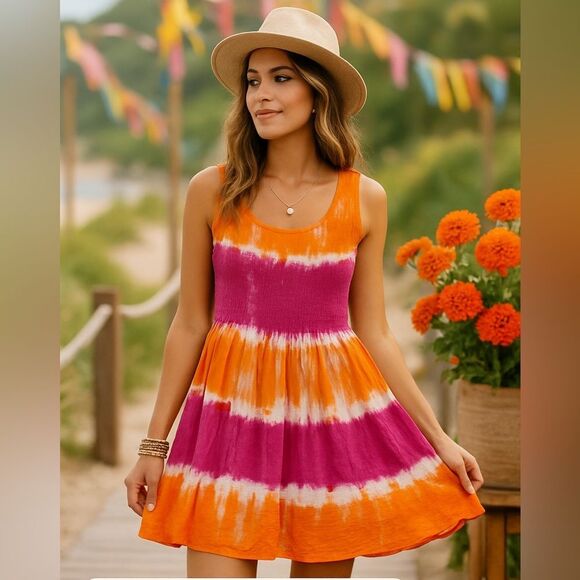 🌈 SOL Tie-Dye Smocked Boho Dress - Size M - Picture 1 of 10